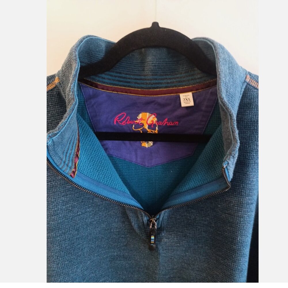 Robert Graham Sweater Mens 2XL Teal Pullover Thick Cotton 1/4 zip Waffle Weave